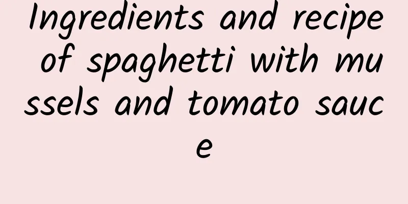 Ingredients and recipe of spaghetti with mussels and tomato sauce